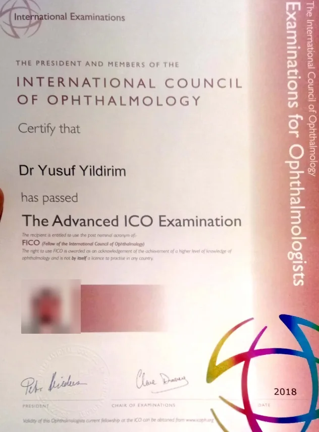ICO İleri Düzey sınavı (FICO) sertifikası taraması; kimlik fotoğrafı alanı bulanıklaştırılmıştır.