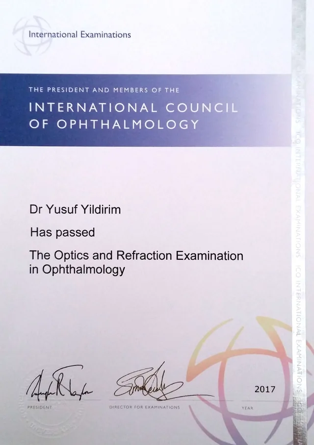ICO Optik ve Refraksiyon sınavı sertifikası taraması.