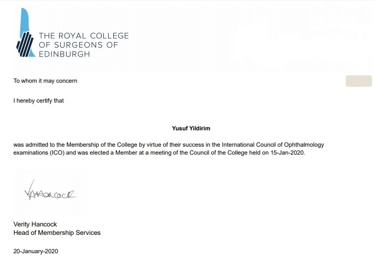 Royal College of Surgeons of Edinburgh üyelik yazısı taraması.